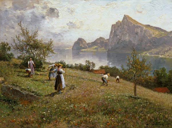 Hay harvest over the Chiemsee od Joseph Wopfner