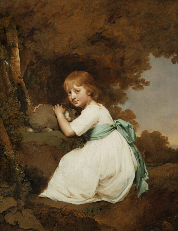 Miss Bentley mit einem Hasen vor einer Landschaft od Joseph Wright of Derby