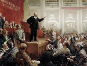 Lenin during a convention of the Russian transport workers