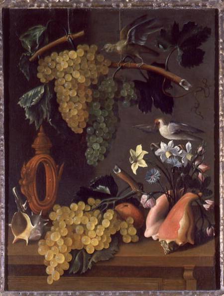 Still Life with Grapes, Birds, Flowers and Shells od Juan de Espinosa