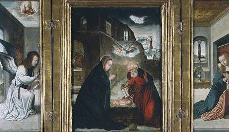 The Birth of Christ Triptych with the Nativity flanked by the Annunciation (panel) od Juan de Flandes