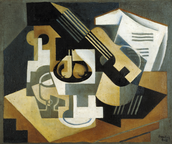 Guitar and compote bowl on a table. od Juan Gris