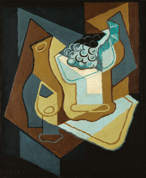 Bottle, glass and bowl with grapes od Juan Gris