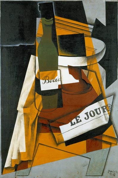 Bottle, newspaper and compote bowl od Juan Gris