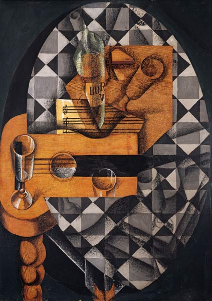 Guitar, Bottle, and Glass, 1914 (pasted papers, gouache & crayon on canvas) od Juan Gris