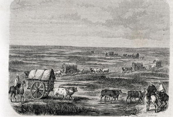 Wagon Train on the Argentinian Pampas in the 1860s, engraved by Alfred Louis Sargent (b.1828) (engra od Jules Antoine Duvaux