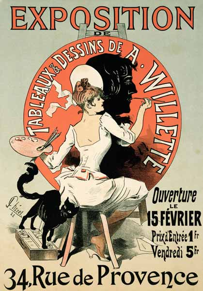 Reproduction of a poster advertising an 'Exhibition of the Paintings and Drawings of A. Willette (18 od Jules Chéret