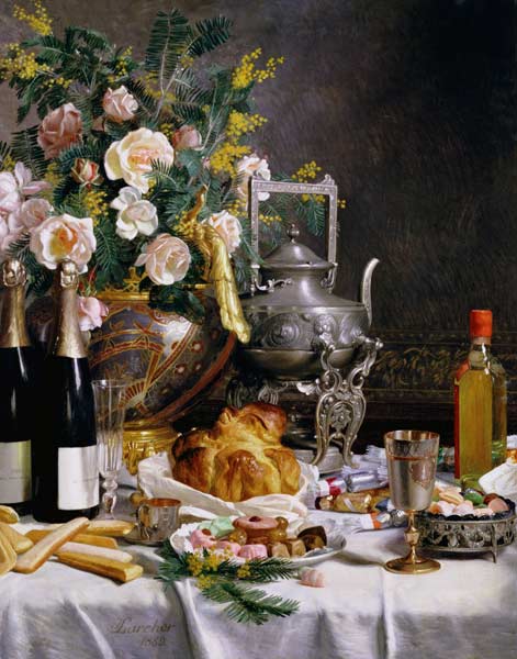 Champagner, Gebäck and Kuchen auf einer gedeckten Tafel od Jules Larcher