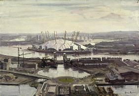 The Millennium Dome from Canary Wharf (oil on canvas) 