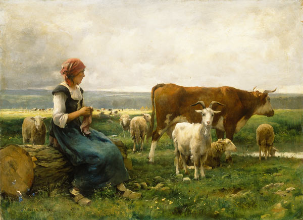 Hirtin with sheep, cow and goat od Julien Dupré