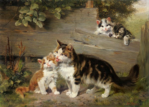 Cat mother with three boys od Julius Adam