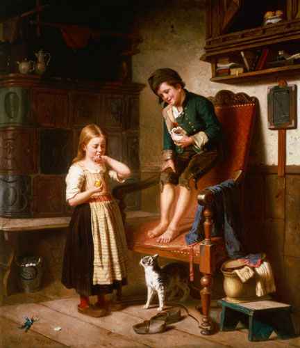 Two children with cat at a tiled stove od Julius Geerts