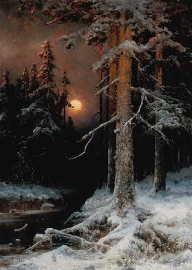 Wintry woodland landscape with full moon.