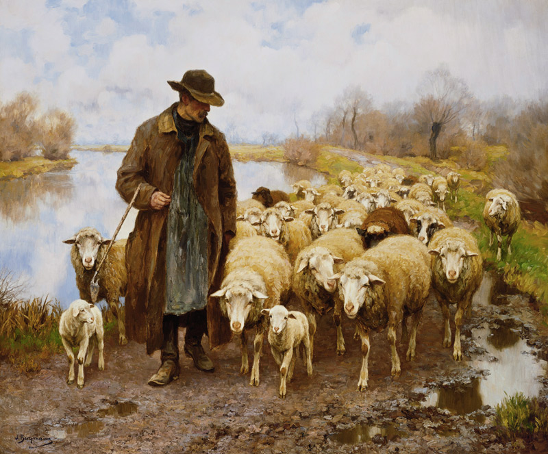 Ein Schäfer mit seiner Herde am See. od Julius Hugo Bergmann