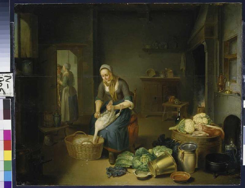 Küchenstück mit Gänse rupfender Frau od Justus Juncker