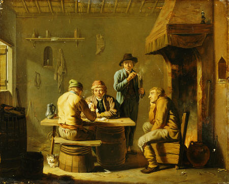 Peasants Playing Cards By A Cottage Fire od Justus Juncker