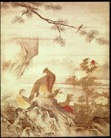 Pheasants and peonies, from a series of scrolls representing Birds and Flowers of the Four Seasons, od Kano  Motonobu