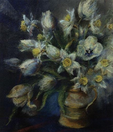Daffodils, Ice Follies and Tulips, Diana in a brown jug (pastel)  od Karen  Armitage