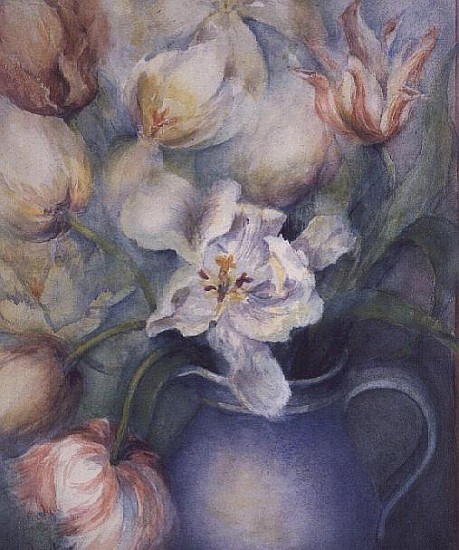 Tulips in a blue jug, white parrot and china pink  od Karen  Armitage