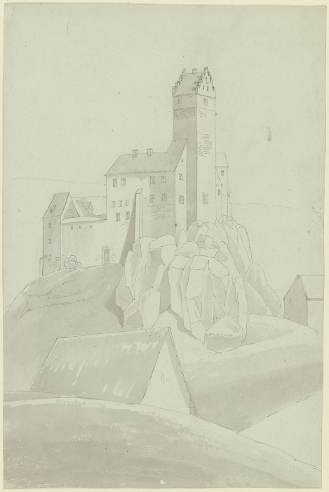Schloß mit viereckigem Turm auf Felsen stehend od Karl Ballenberger