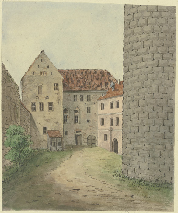 Schloßhof, rechts ein mit grauen Quadern erbauter runder Turm od Karl Ballenberger