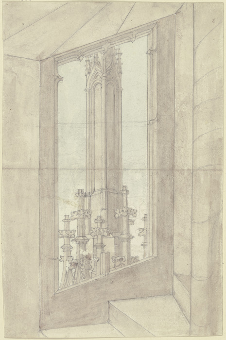Turmtreppe mit der Aussicht auf die Filiale eines Strebepfeilers od Karl Ballenberger