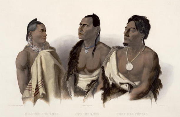 A Missouri Indian, an Oto Indian and the Chief of the Puncas, plate 7 from 'Travels in the Interior od Karl Bodmer