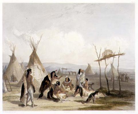 Funeral Scaffold of a Sioux Chief near Fort Pierre, plate 11 from Volume 2 of 'Travels in the Interi od Karl Bodmer