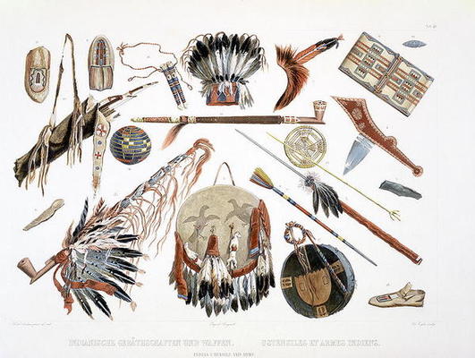 Indian Utensils and Arms, plate 48 from Volume 2 of 'Travels in the Interior of North America', engr od Karl Bodmer
