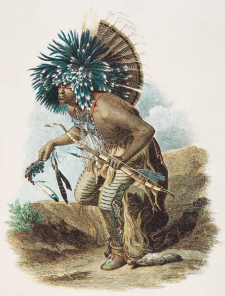 Medicine man of the Mandan tribe in the costume of the Dog Dance, 1834 (colour litho) od Karl Bodmer
