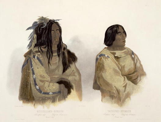 Mehkskeme-Sukahs, Blackfoot Chief and Tatsicki-Stomick, Piekann Chief, plate 45 from Volume 2 of 'Tr od Karl Bodmer