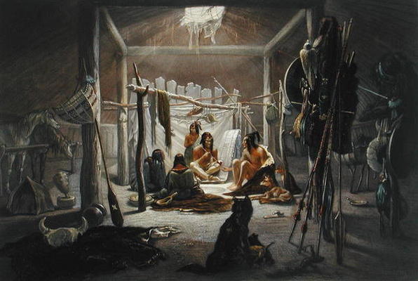 The Interior of the Hut of a Mandan Chief, plate 19 from Volume 2 of 'Travels in the Interior of Nor od Karl Bodmer