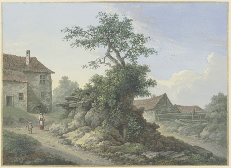 Bauernhof, in der Mitte ein Baum auf einer Kellerruine od Karl Franz Kraul