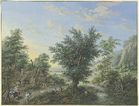 Reiche Landschaft mit Bäumen, Wiesen und Dörfern, vorne links eine Hütte mit Ziehbrunnen und vielen 