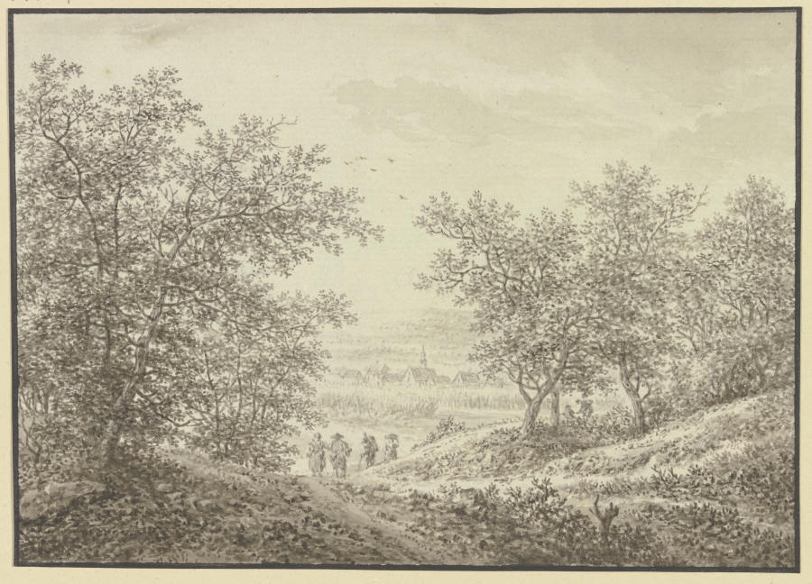 Waldausgang mit Blick auf ein Dörfchen, im Vordergrund vier Figuren od Karl Franz Kraul