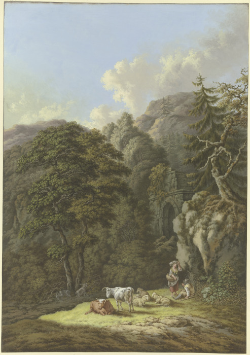 Waldige Berglandschaft mit einem alten Tor und einer Viehherde in einer Lichtung od Karl Franz Kraul