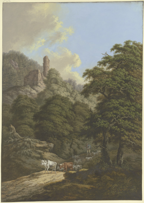 Waldige Berglandschaft mit einer Burgruine, ein Hirte treibt seine Herde von der Weide od Karl Franz Kraul