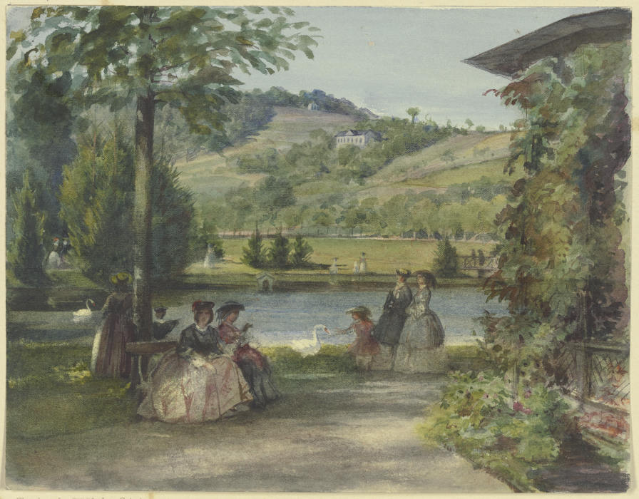 Parklandschaft mit Teich und Schwänen od Karl von Müller