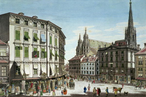 Stock-im-Eisen-Platz, with St. Stephan's Cathedral in the background, engraved by the artist, 1779 ( od Karl von Schutz