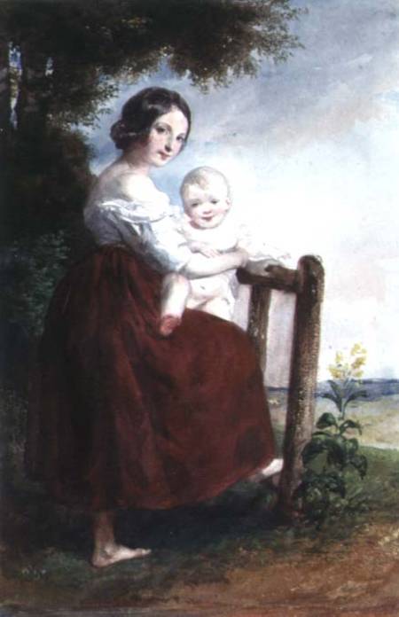 Girl holding a Baby: Landscape Background od Károly Brocky