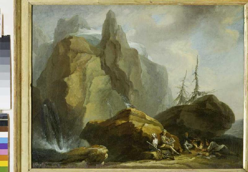 Mountainlandscape with resting Mountaineers and the Painter od Kaspar Wolf