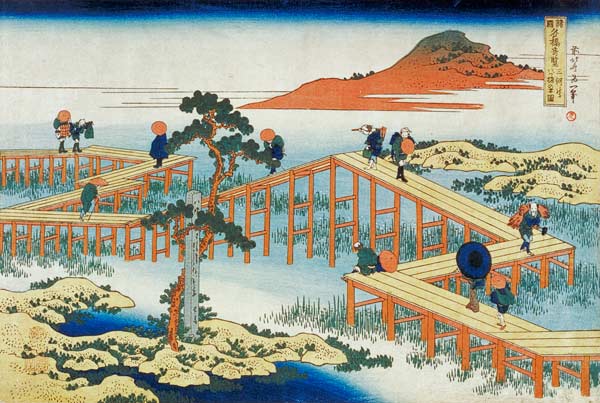 Eight part bridge, province of Mucawa, Japan, c.1830 (wood block print) od Katsushika Hokusai