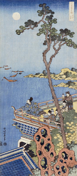 A Courtier On The Balcony Of A Chinese Pavilion Looking In The Distance On A Moonlit Night od Katsushika Hokusai