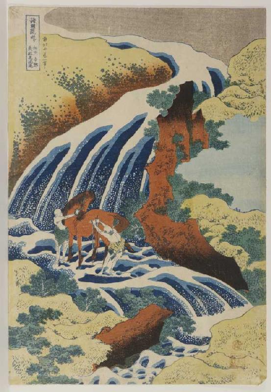 Zwei Männer waschen ein Pferd an einem Wasserfall. od Katsushika Hokusai