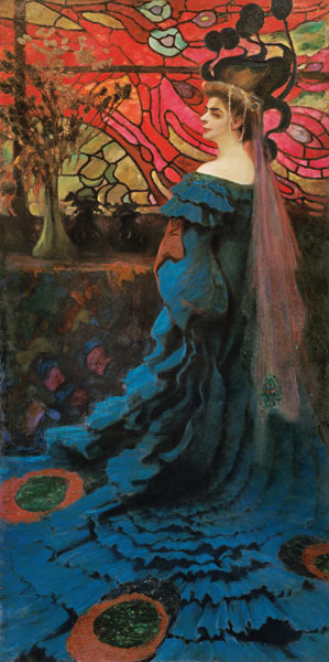 Woman in front of a glass window (the peacock) portrait the Zofia Borucinska. od Kazimierz Stabrowski