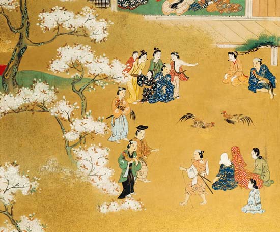A Detail From An Eight-Leafed Screen In Sumi  Depicting a Cock Fight Beneath Cherry Tree Blossoms od Kitagawa  Utamaro