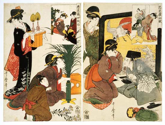 Two Scenes From The Series  ''Loyal League'' Depicting Everyday Life Of An Edo Period Household od Kitagawa  Utamaro