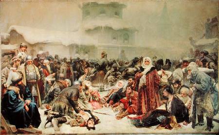 Destruction of Novgorod by Tsar Ivan III (1440-1505) od Klawdij Wassiljewitsch Lebedjeff