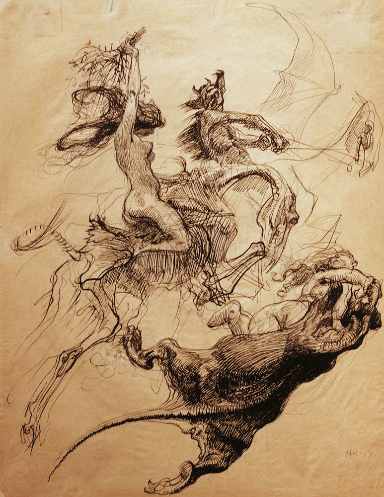 Nackte Frau auf Skelett und Teufel auf Pterodaktylus reiten od Heinrich Kley