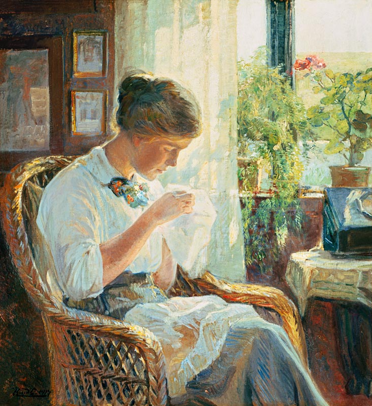 Sewing young woman at the window od Knud Erik Larsen